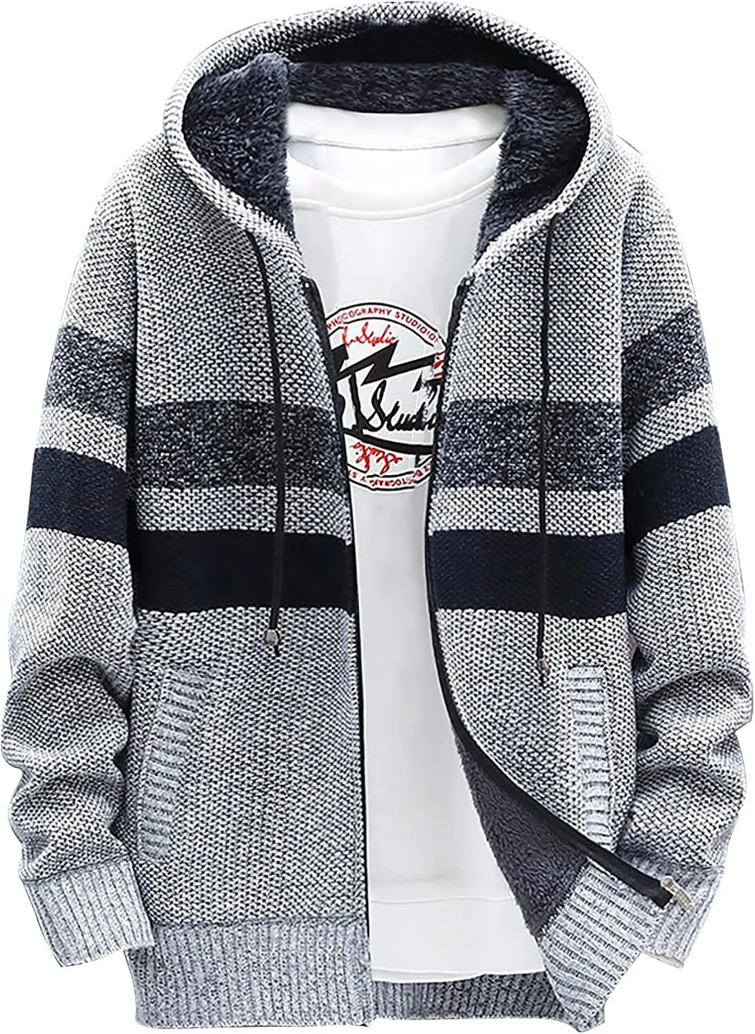 DuDubaby Men Hoodies for Men Fall and Winter Casual Sweater Jacket Warm Knit Sweater Hooded Hoodie
