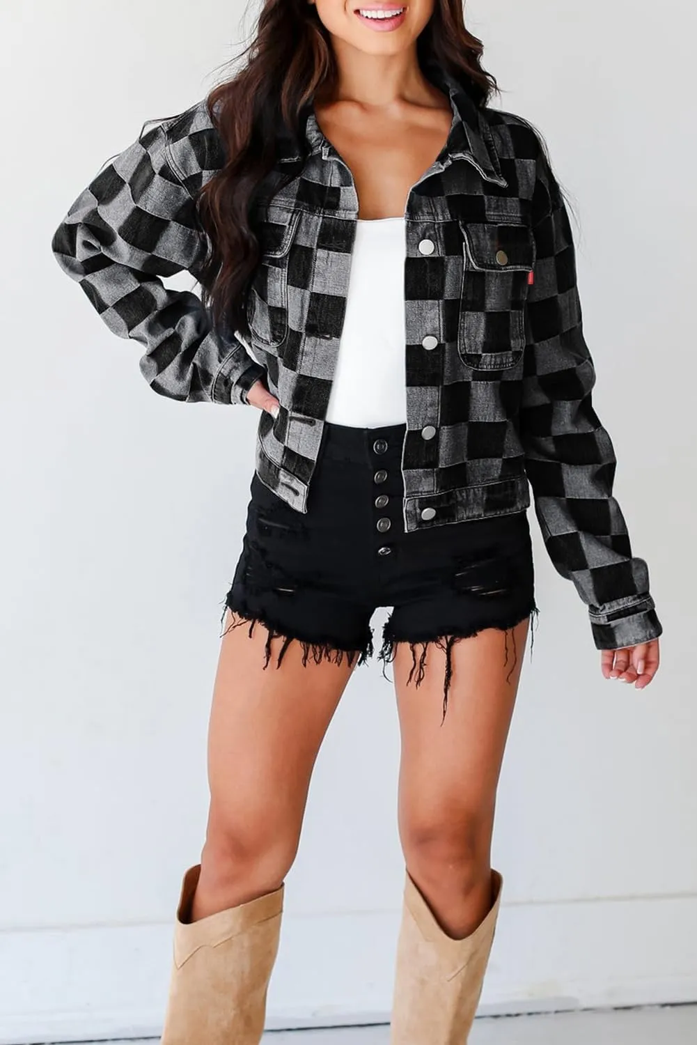 Ecosunny Womens Casual Long Sleeve Button Down Shirt Jacket Checkered Patchwork Denim Jacket Lightweight Coat Tops