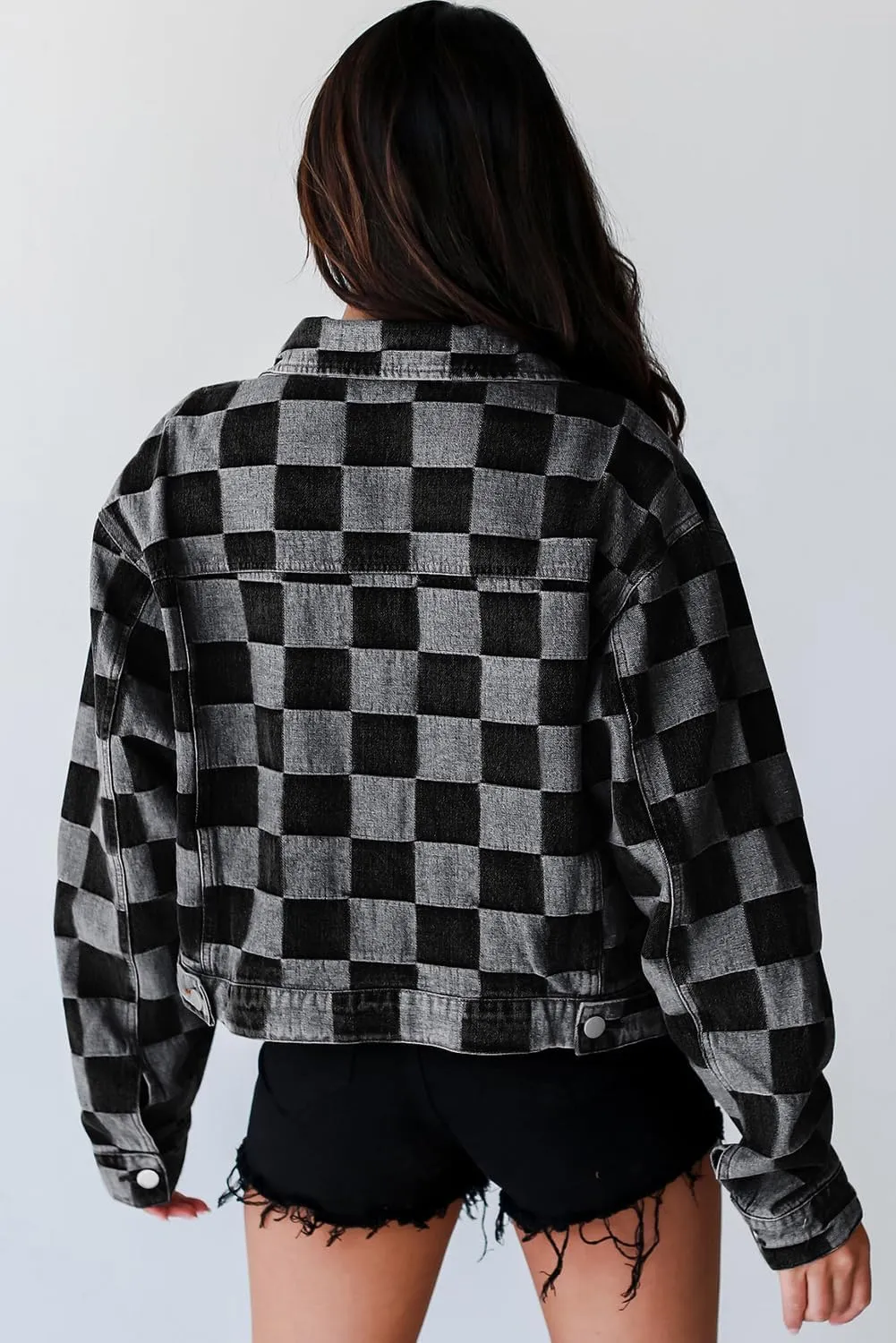 Ecosunny Womens Casual Long Sleeve Button Down Shirt Jacket Checkered Patchwork Denim Jacket Lightweight Coat Tops