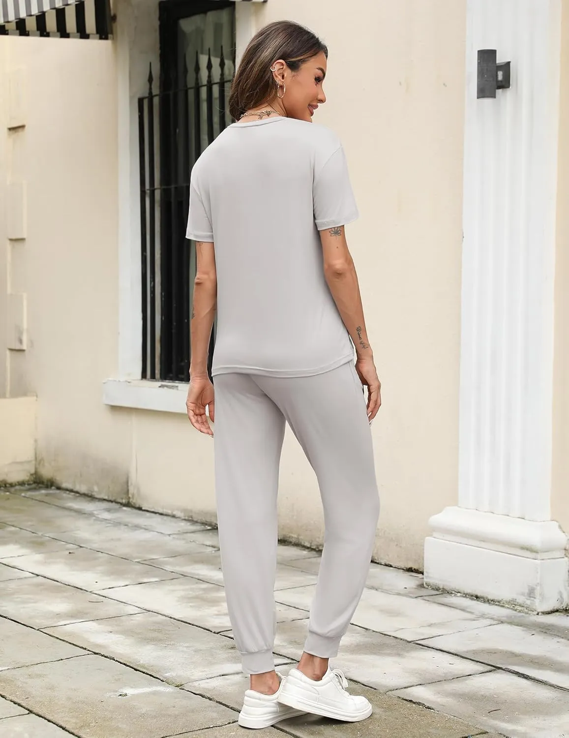 Ekouaer 2 Pack Womens Pajama Sets Short Sleeve Tops Jogger Pants Lounge Sets Soft Loungewear Printed Pj with Pockets