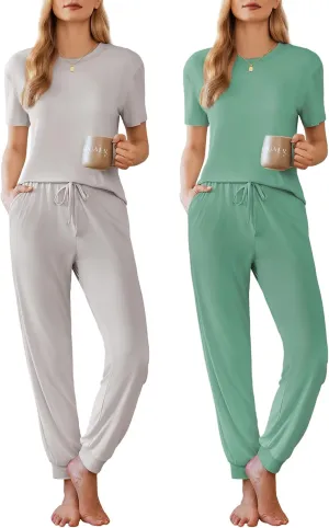Ekouaer 2 Pack Womens Pajama Sets Short Sleeve Tops Jogger Pants Lounge Sets Soft Loungewear Printed Pj with Pockets