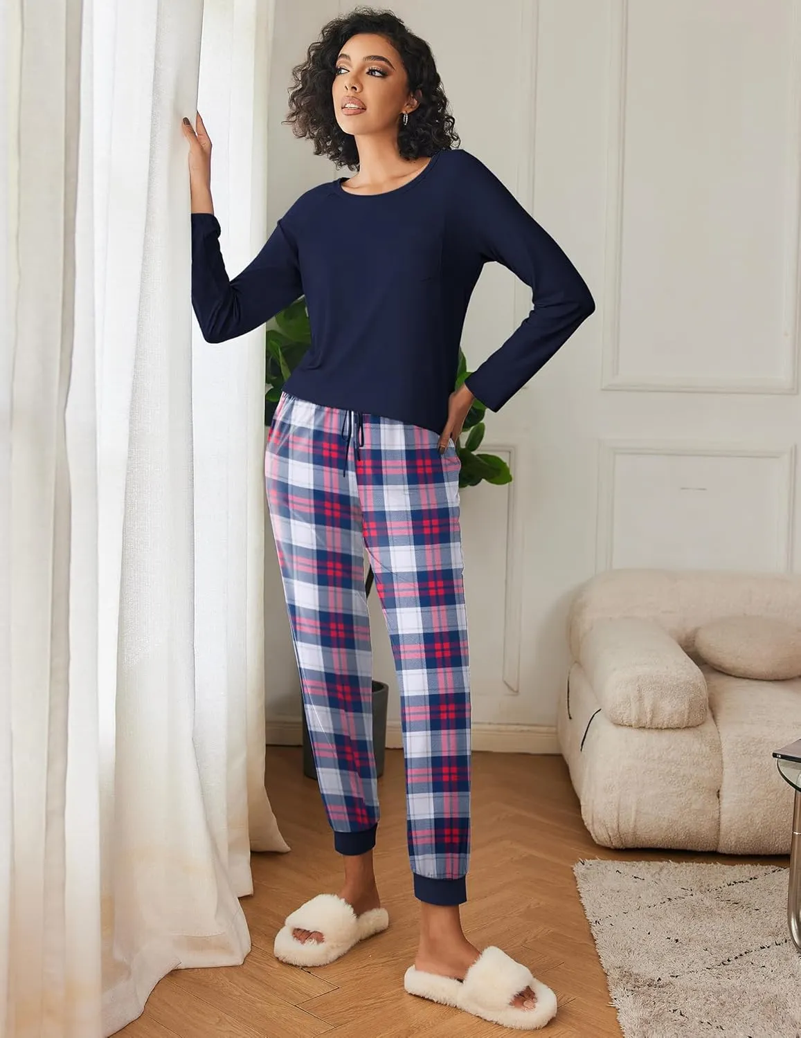 Ekouaer 2 Pack Womens Pajamas Set Long Sleeve Sleepwear Top and Jogger Pants Lounge Sets Cozy Pjs Loungewear S-XXL