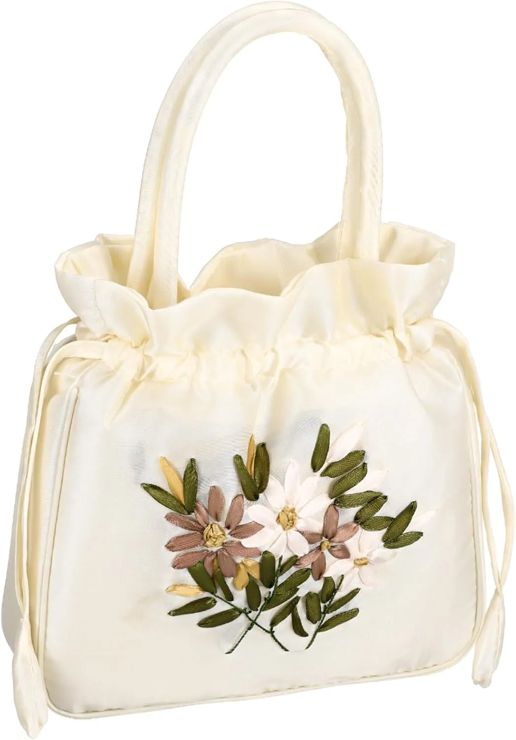 Elegant Floral Drawstring Evening Clutch Purse for Women Small Bucket Handbag with Comfortable Handle for Tea Parties Weddings and Special Occasions