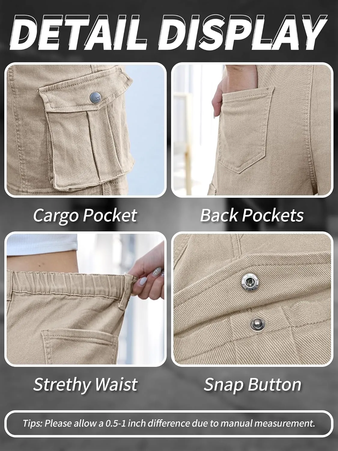 ELLEVEN Bermuda Cargo Shorts Women, Elastic High Waist 6 Pockets Shorts 7 Inch Inseam Summer Jorts for Women Casual