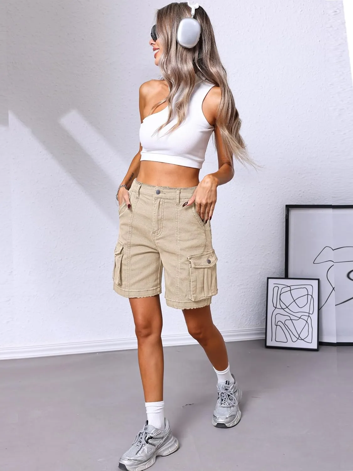 ELLEVEN Bermuda Cargo Shorts Women, Elastic High Waist 6 Pockets Shorts 7 Inch Inseam Summer Jorts for Women Casual