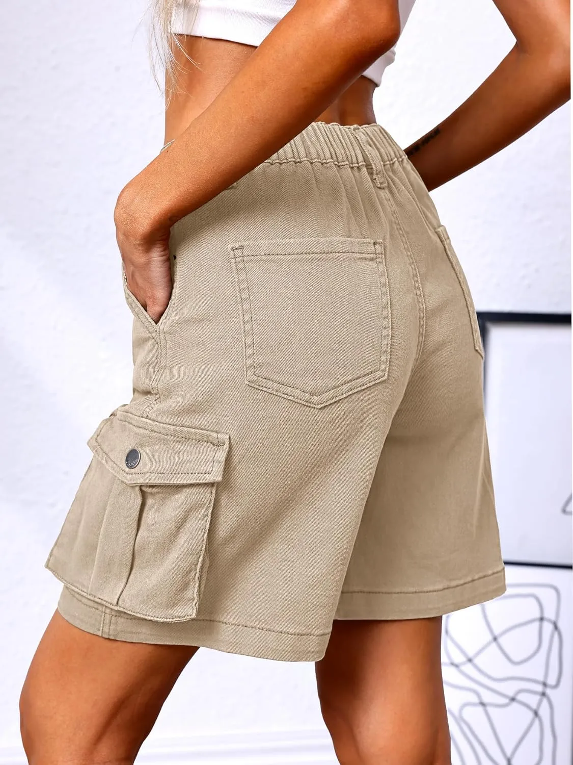 ELLEVEN Bermuda Cargo Shorts Women, Elastic High Waist 6 Pockets Shorts 7 Inch Inseam Summer Jorts for Women Casual