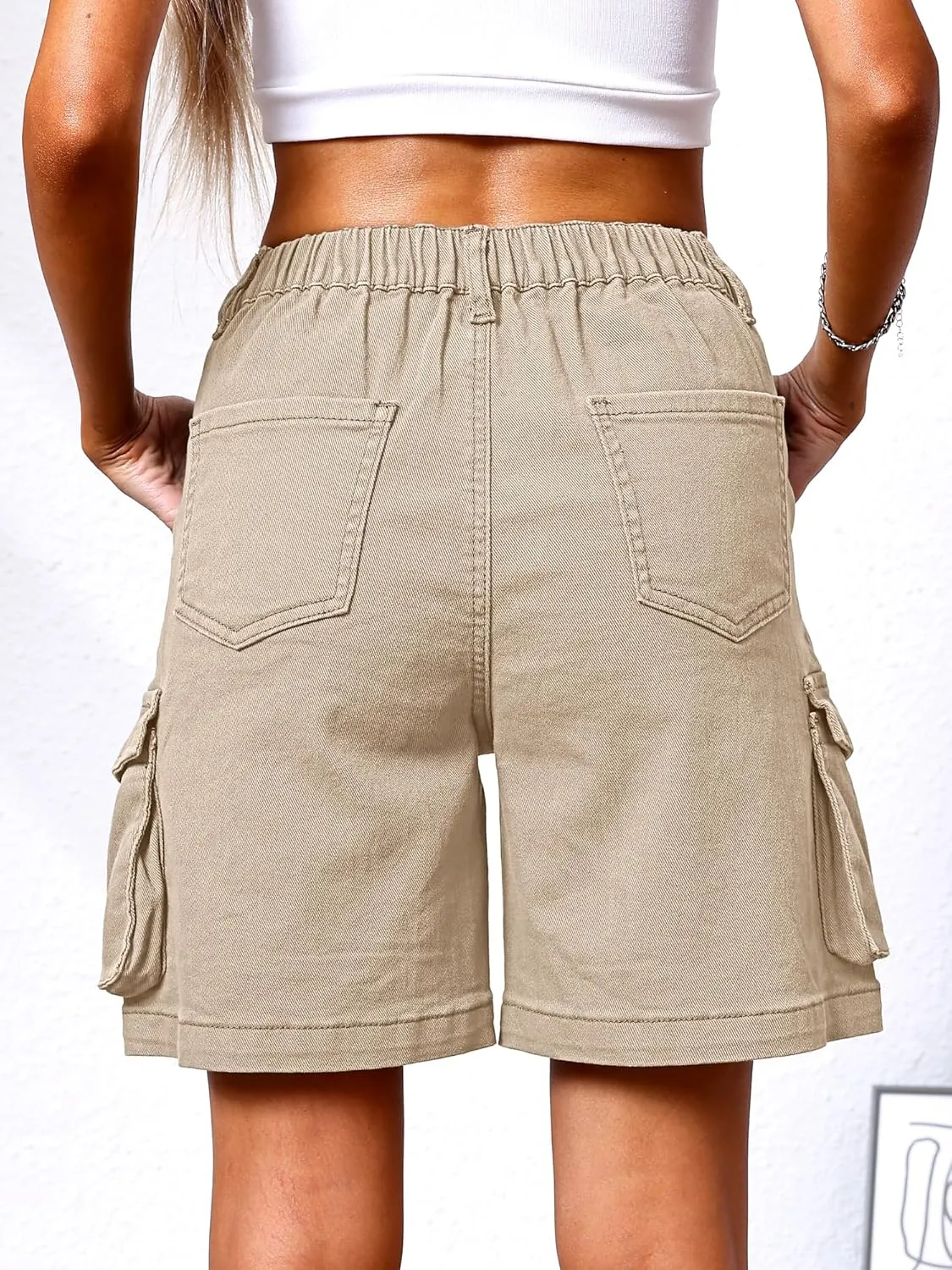 ELLEVEN Bermuda Cargo Shorts Women, Elastic High Waist 6 Pockets Shorts 7 Inch Inseam Summer Jorts for Women Casual