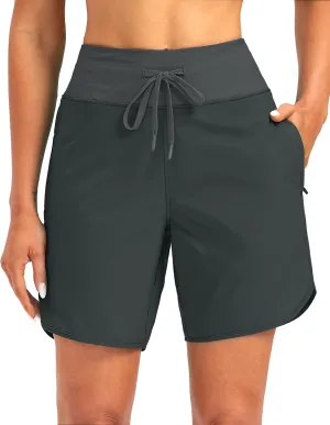 G Gradual Women's 7" Quick Dry High Waisted Swim Board Shorts with Zipper Pockets UPF 50  Beach Shorts for Women with Liner