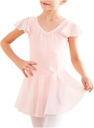 Girls Ballet Dress 2025 Trendy Mesh Dancewear Summer Cap Sleeve V Neck Mini Dress Solid Color A-Line Swing Dresses