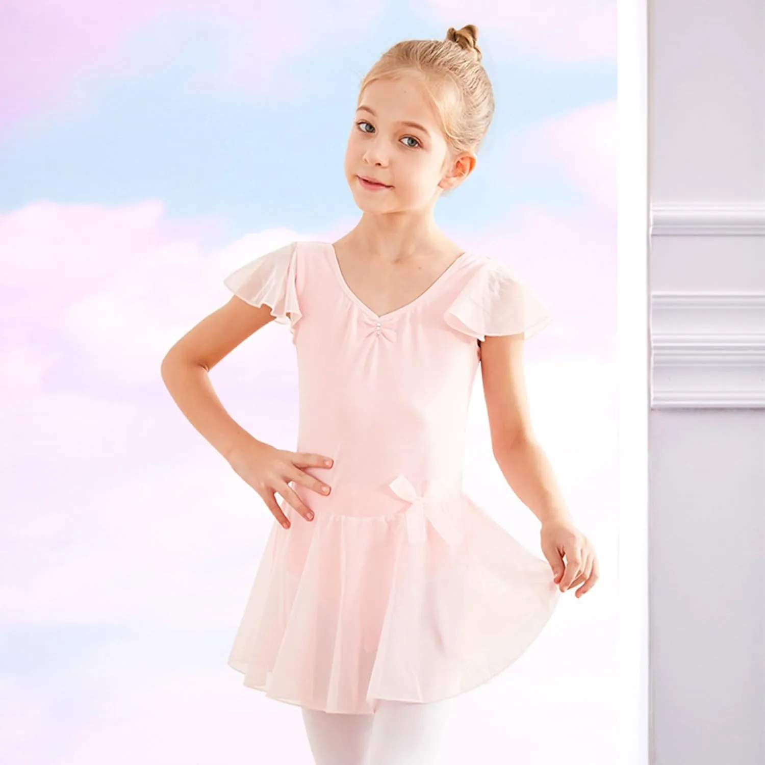 Girls Ballet Dress 2025 Trendy Mesh Dancewear Summer Cap Sleeve V Neck Mini Dress Solid Color A-Line Swing Dresses