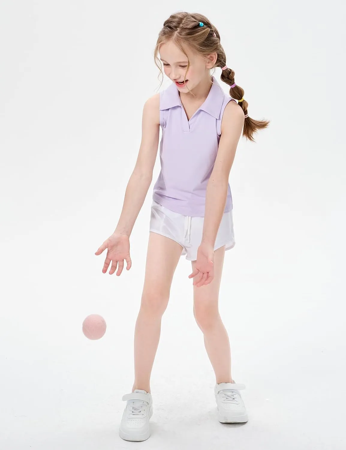Girls Sleeveless Polo Shirts, Kids V Neck Golf Shirts Blouses, Quick Dry Athletic Girls Tennis Tank Tops, Size 5-14