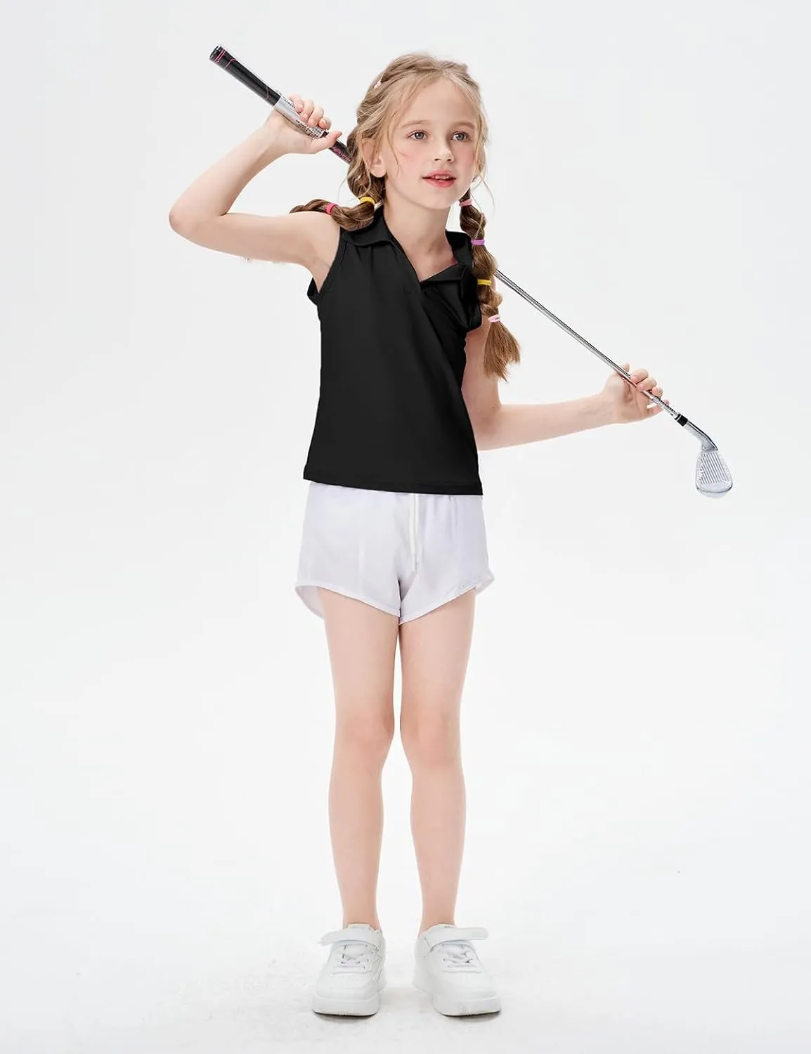 Girls Sleeveless Polo Shirts, Kids V Neck Golf Shirts Blouses, Quick Dry Athletic Girls Tennis Tank Tops, Size 5-14