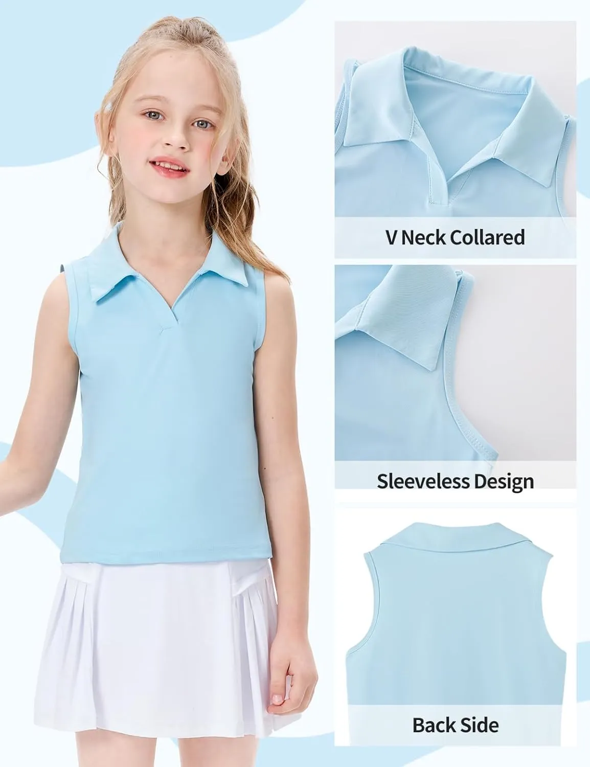 Girls Sleeveless Polo Shirts, Kids V Neck Golf Shirts Blouses, Quick Dry Athletic Girls Tennis Tank Tops, Size 5-14