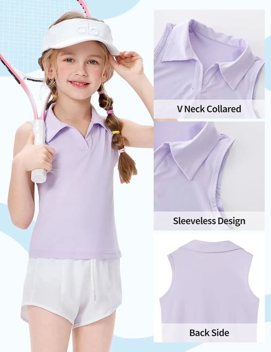 Girls Sleeveless Polo Shirts, Kids V Neck Golf Shirts Blouses, Quick Dry Athletic Girls Tennis Tank Tops, Size 5-14