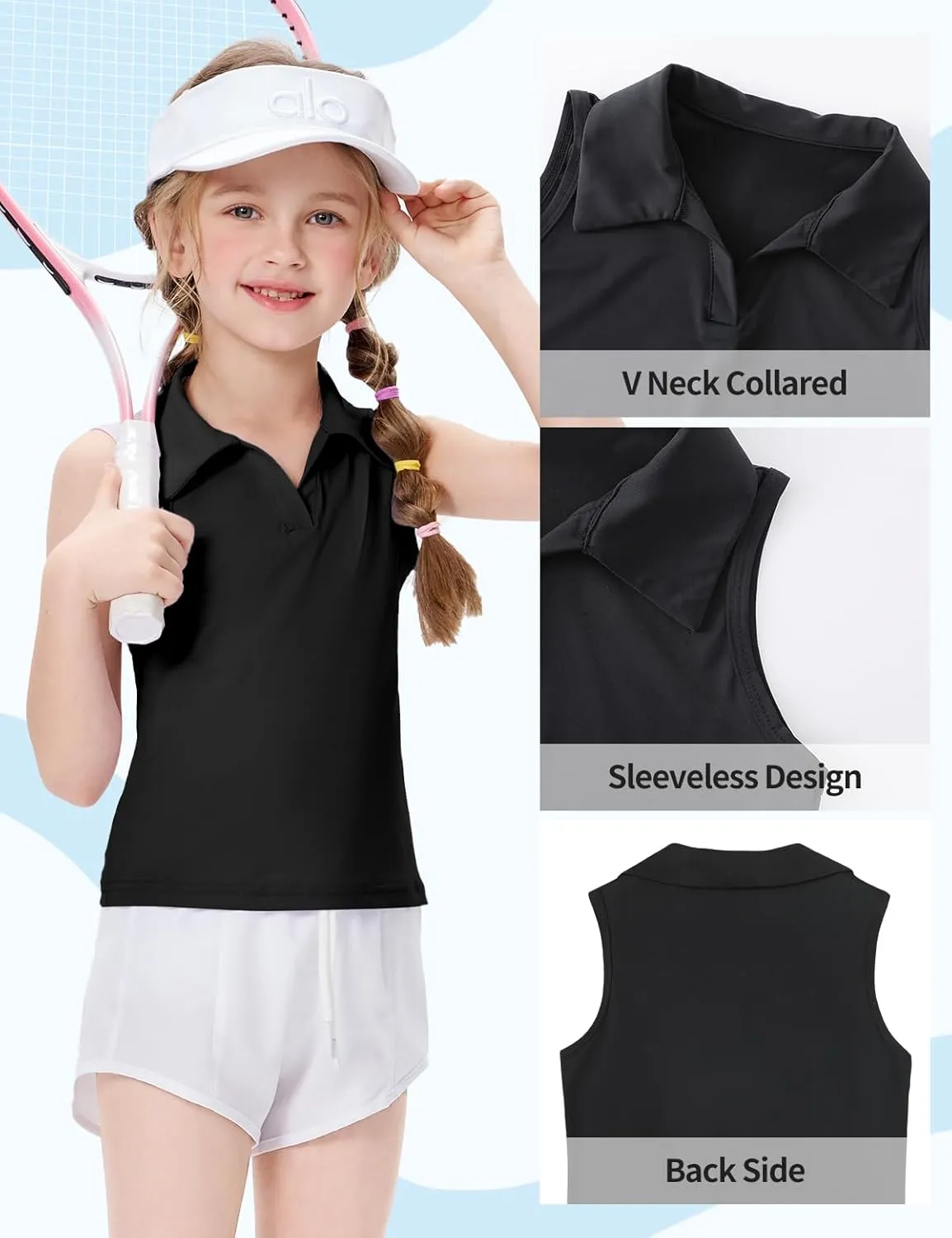 Girls Sleeveless Polo Shirts, Kids V Neck Golf Shirts Blouses, Quick Dry Athletic Girls Tennis Tank Tops, Size 5-14