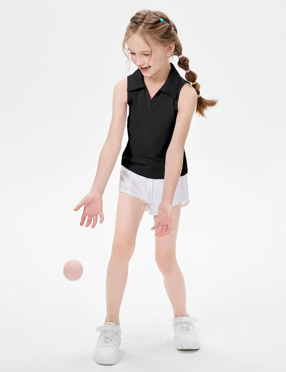 Girls Sleeveless Polo Shirts, Kids V Neck Golf Shirts Blouses, Quick Dry Athletic Girls Tennis Tank Tops, Size 5-14