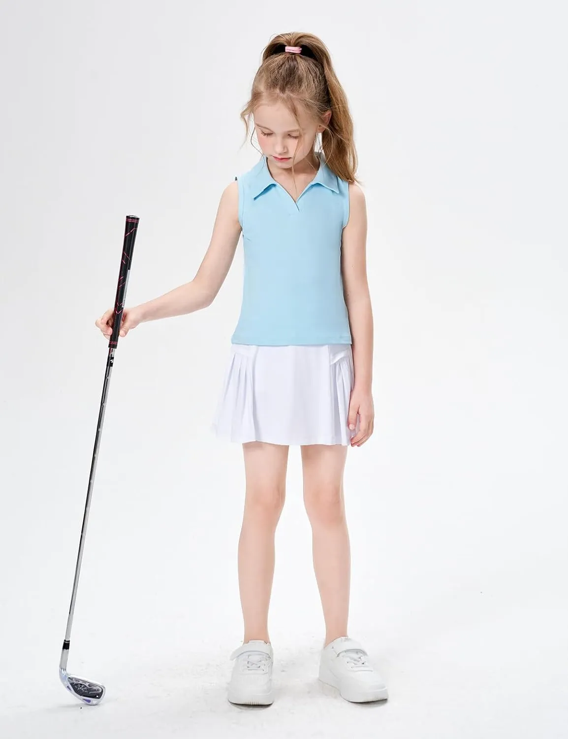 Girls Sleeveless Polo Shirts, Kids V Neck Golf Shirts Blouses, Quick Dry Athletic Girls Tennis Tank Tops, Size 5-14