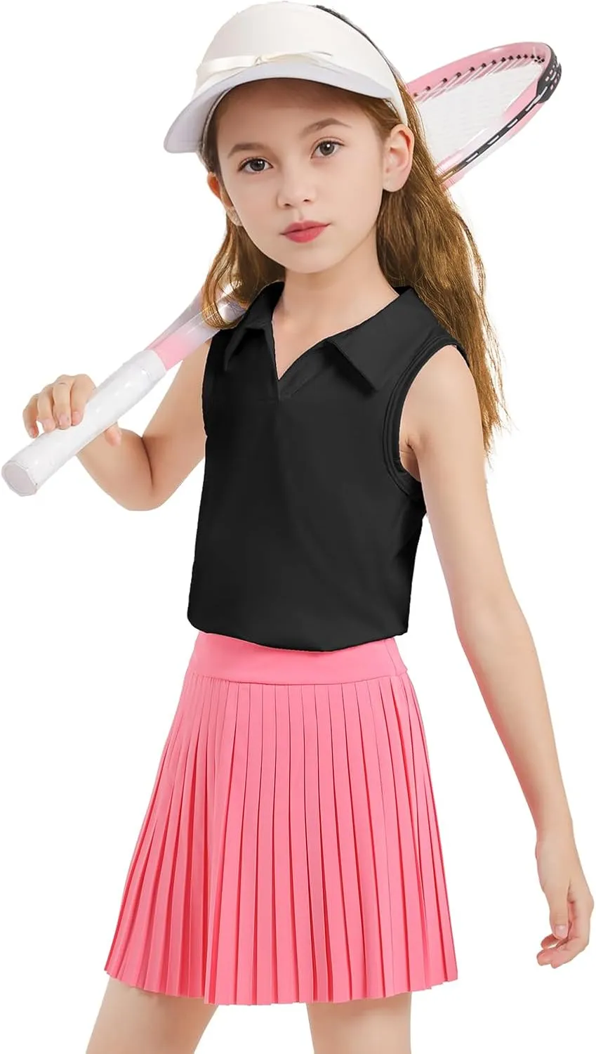Girls Sleeveless Polo Shirts, Kids V Neck Golf Shirts Blouses, Quick Dry Athletic Girls Tennis Tank Tops, Size 5-14