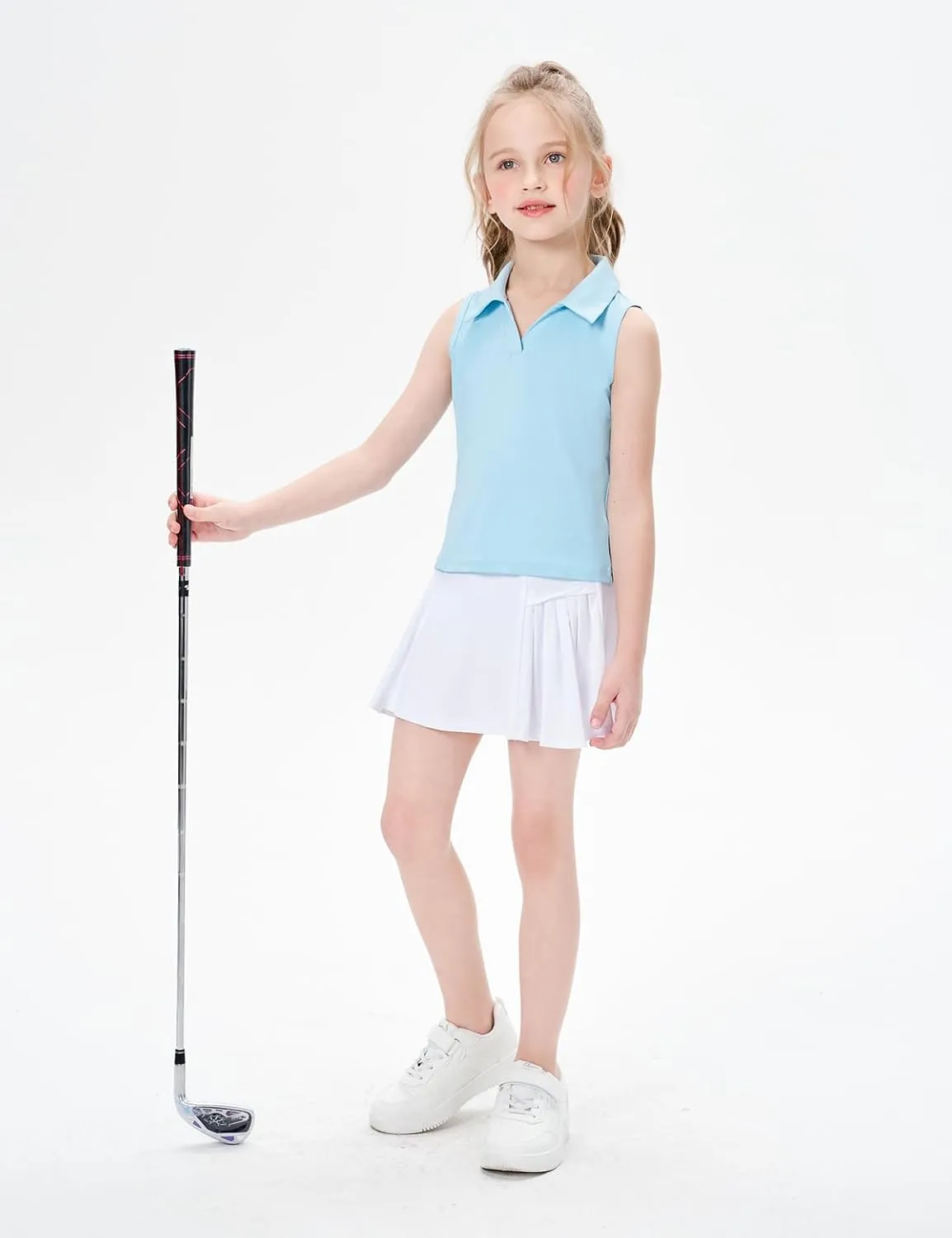 Girls Sleeveless Polo Shirts, Kids V Neck Golf Shirts Blouses, Quick Dry Athletic Girls Tennis Tank Tops, Size 5-14