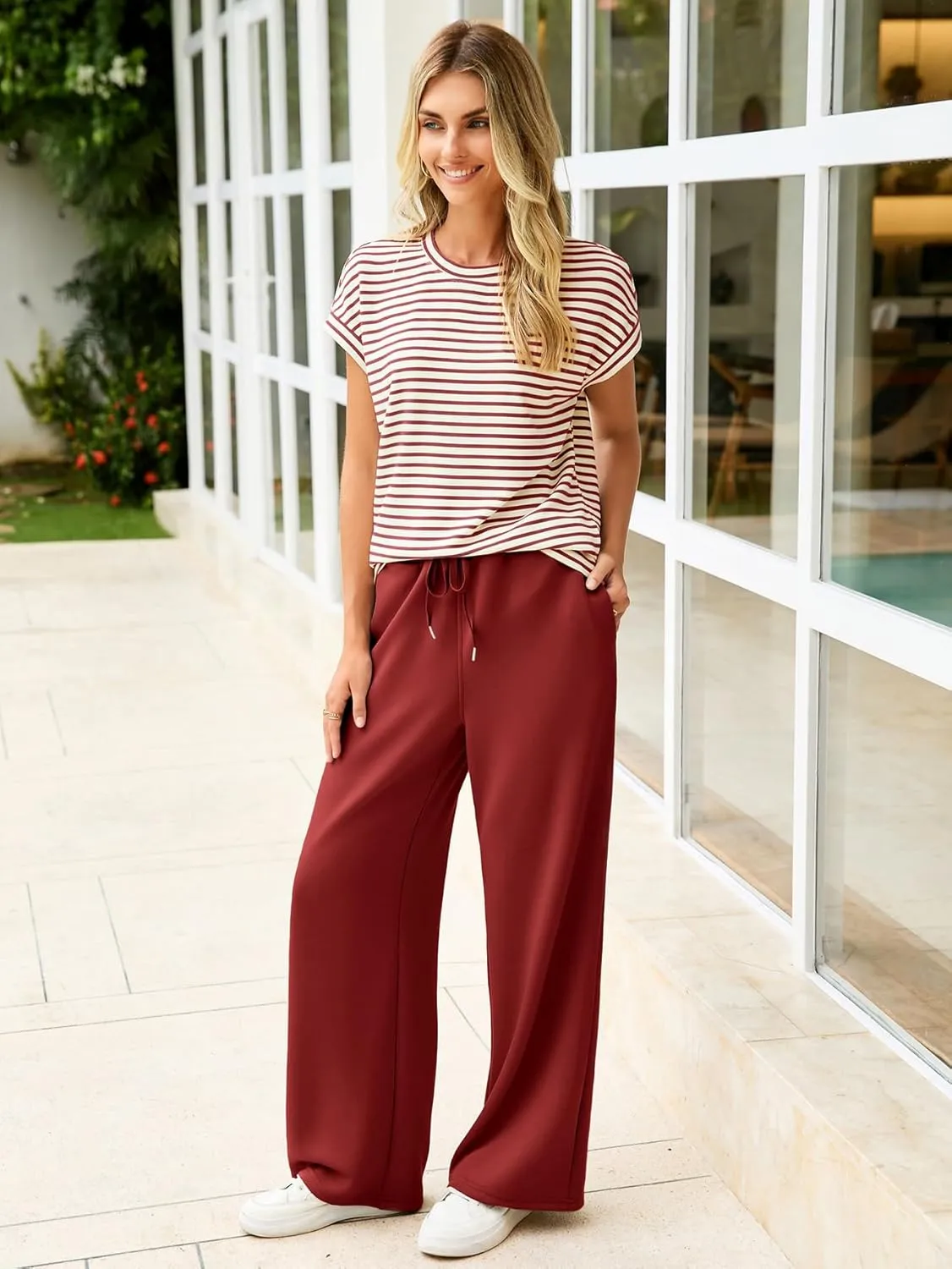 Glamaker Women's 2 Piece Sets Striped Summer Outfits Short Sleeve Shirts Wide Leg Pants Casual Lounge Sweatsuits