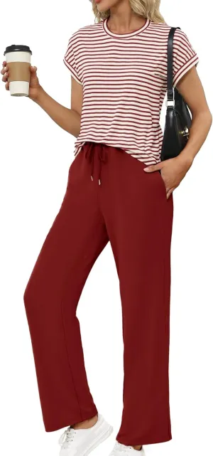 Glamaker Women's 2 Piece Sets Striped Summer Outfits Short Sleeve Shirts Wide Leg Pants Casual Lounge Sweatsuits
