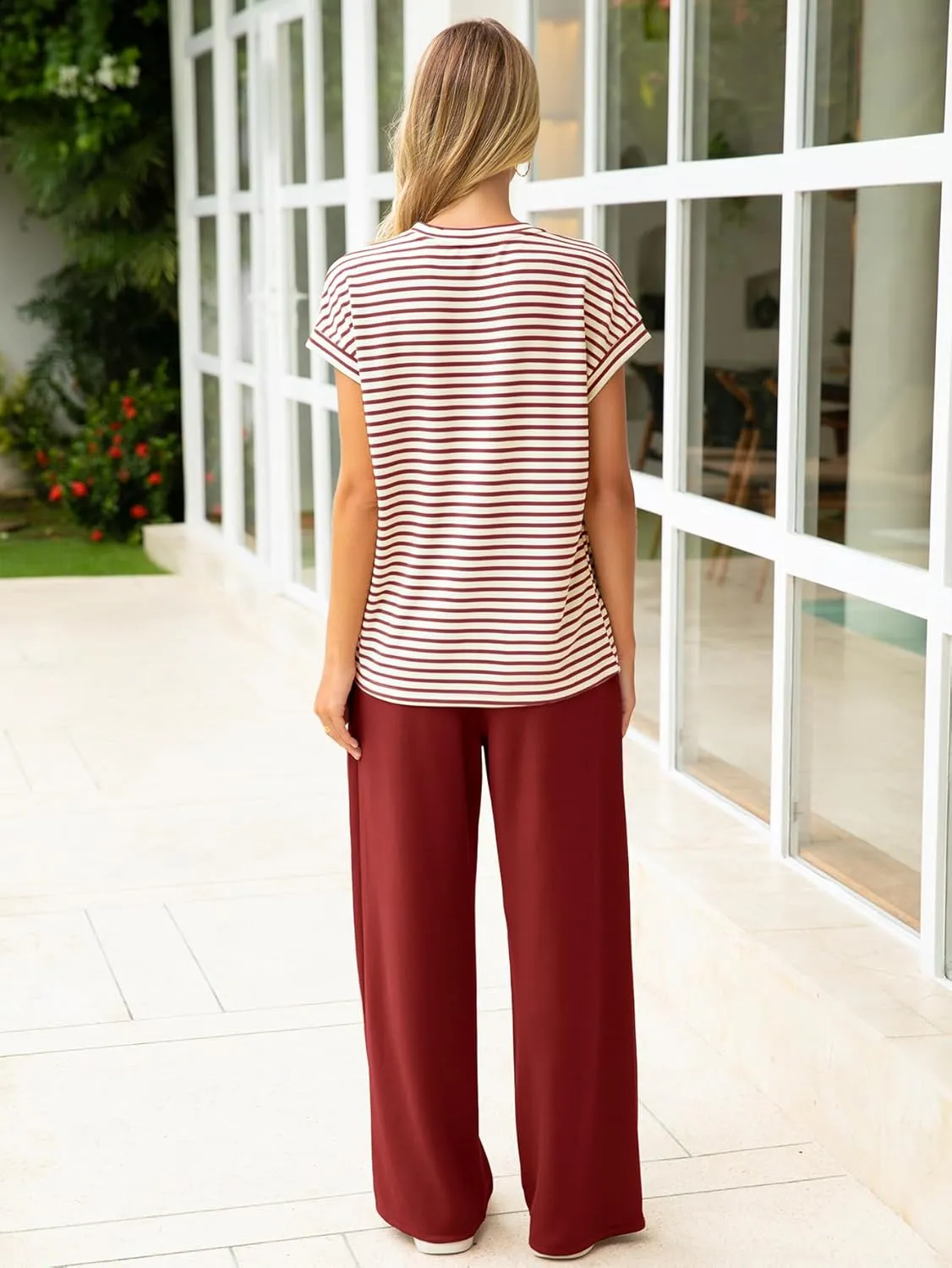 Glamaker Women's 2 Piece Sets Striped Summer Outfits Short Sleeve Shirts Wide Leg Pants Casual Lounge Sweatsuits