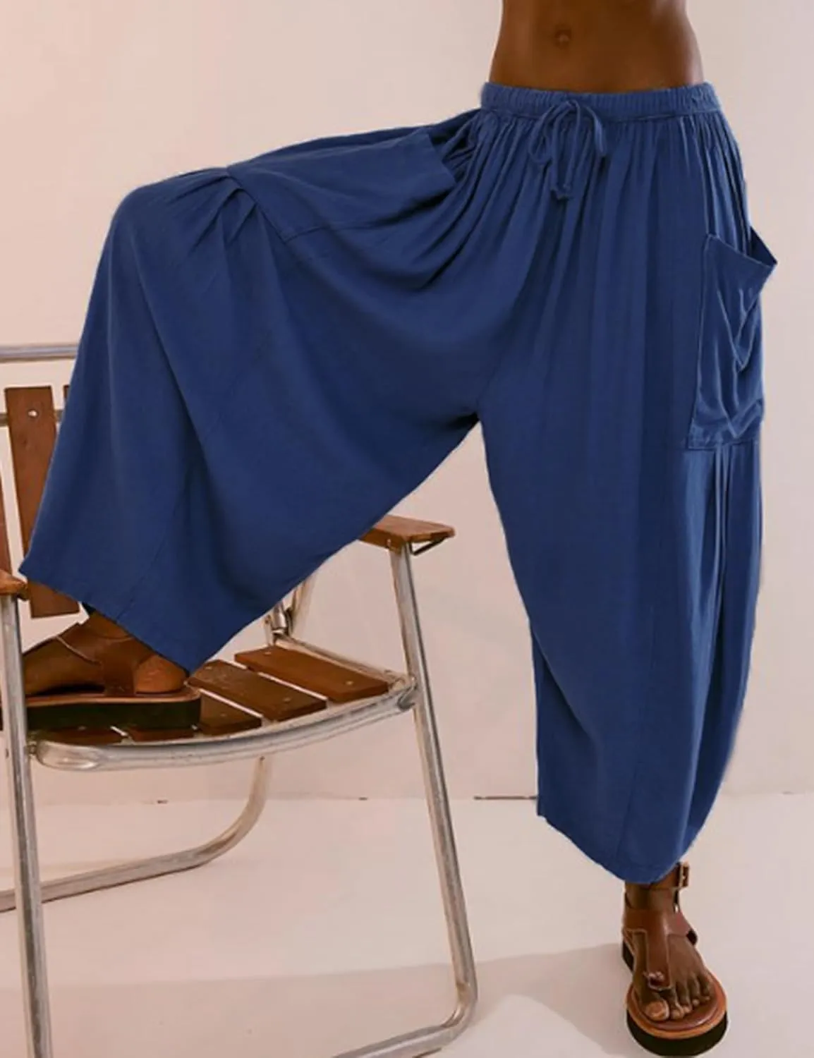 HangNiFang Cotton Linen Wide Leg Pants for Women High Waisted Beach Palazzo Harem Pants