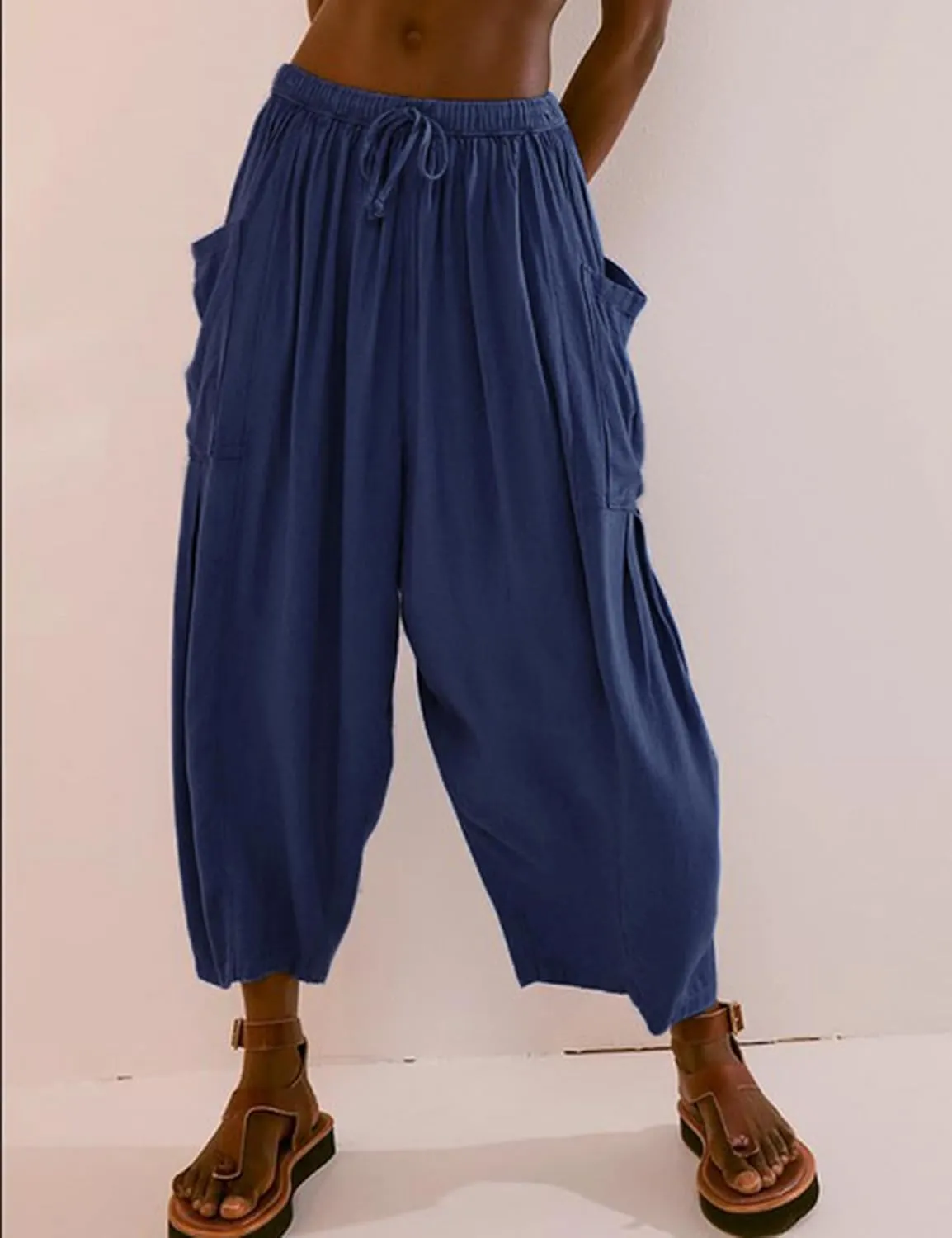 HangNiFang Cotton Linen Wide Leg Pants for Women High Waisted Beach Palazzo Harem Pants