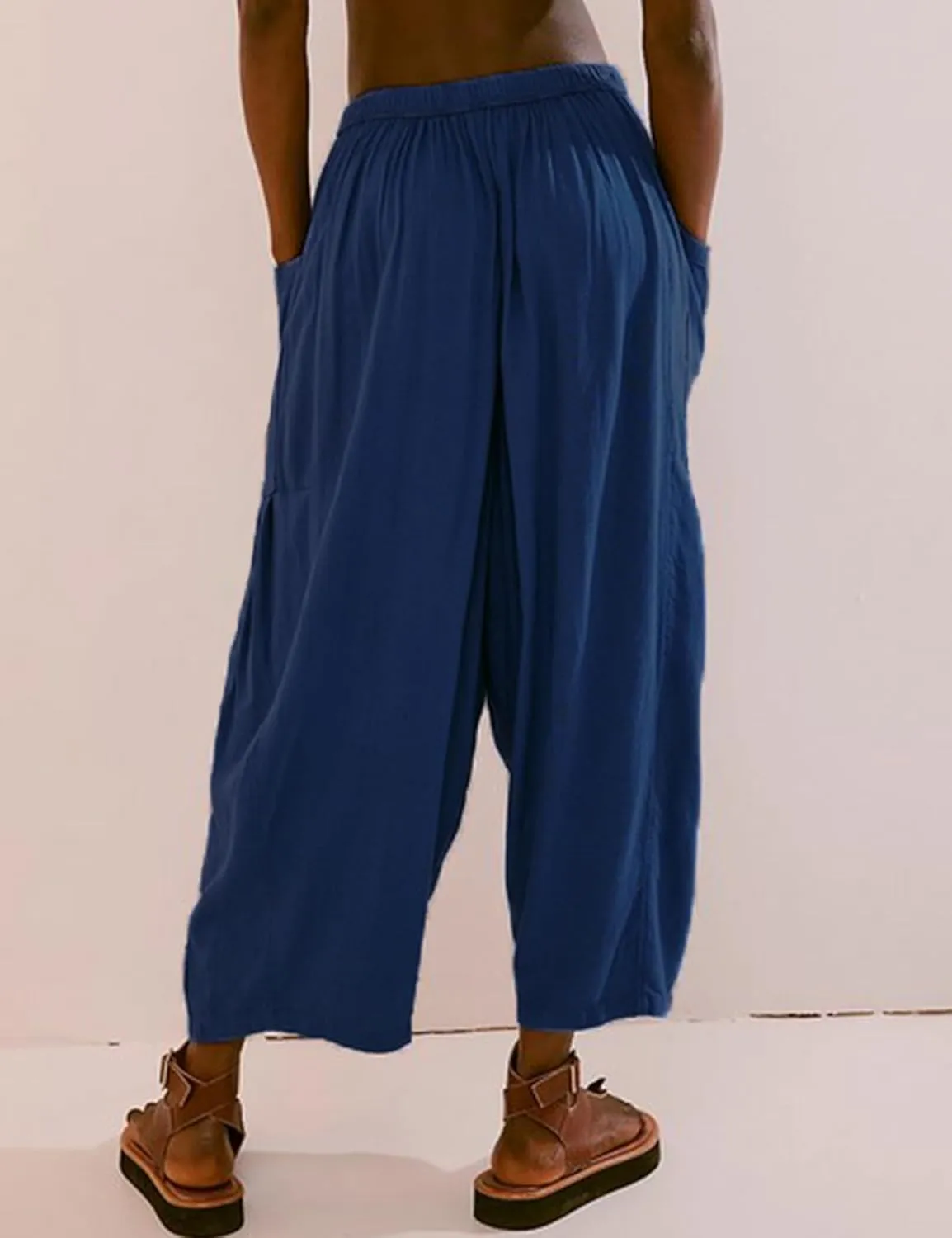 HangNiFang Cotton Linen Wide Leg Pants for Women High Waisted Beach Palazzo Harem Pants