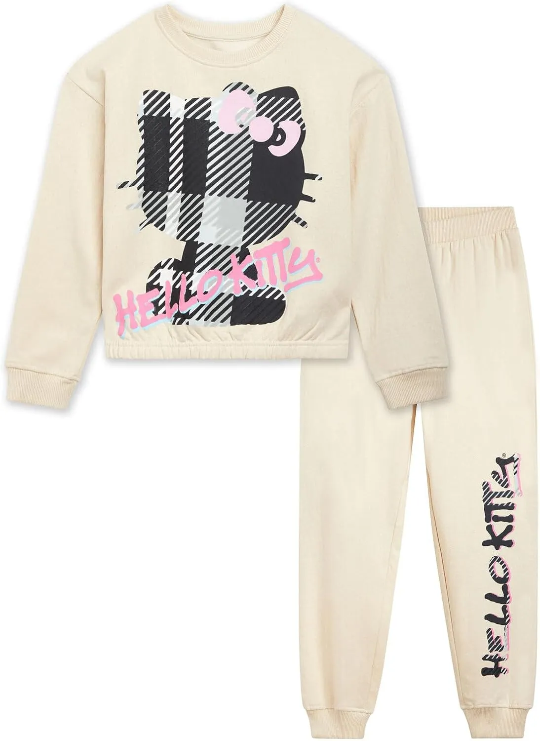 Hello Kitty Girls Fleece Boxy Sweatshirt and Jogger Pants Outfit Set Toddler to Big Kid Sizes (2T - 14-16)