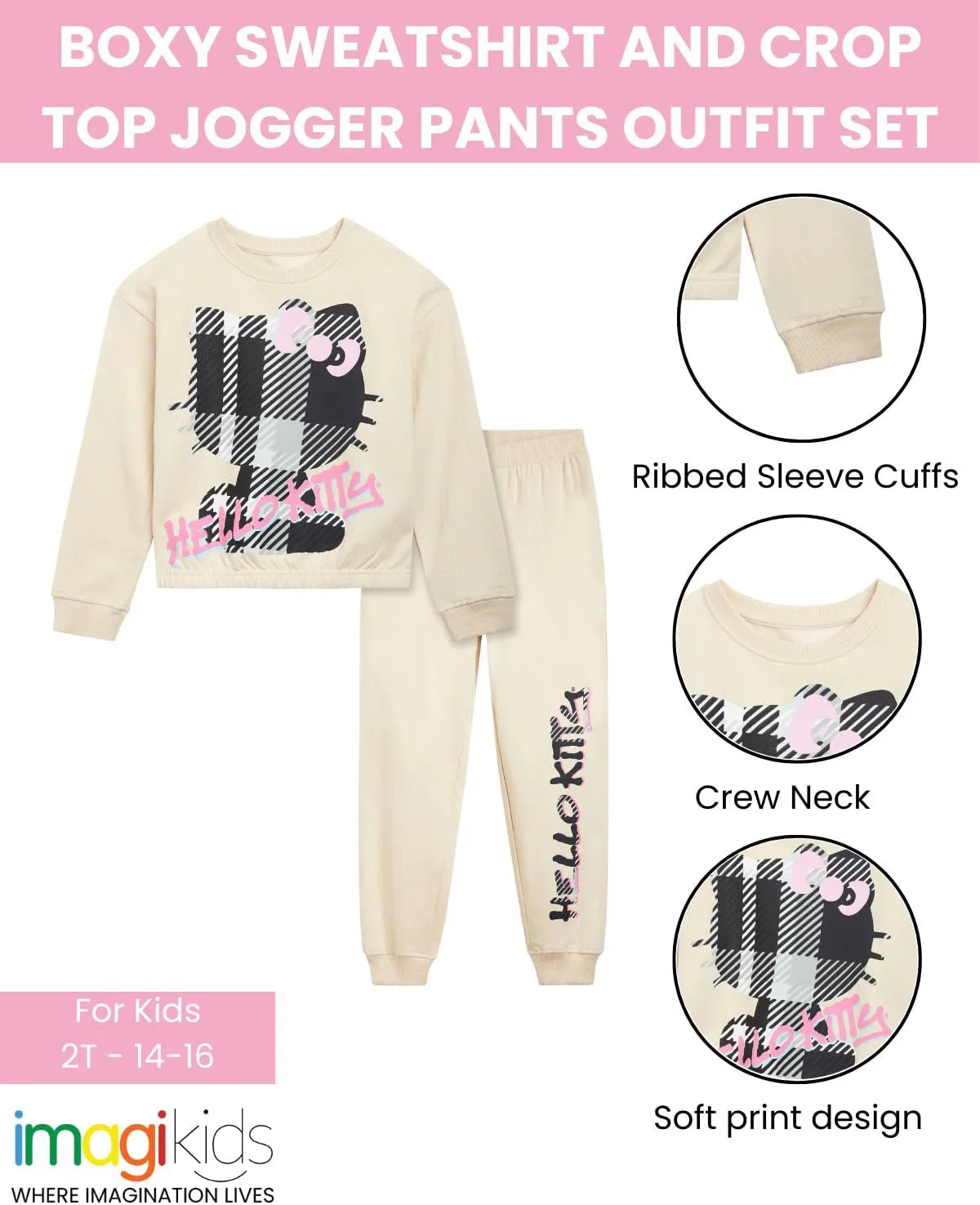 Hello Kitty Girls Fleece Boxy Sweatshirt and Jogger Pants Outfit Set Toddler to Big Kid Sizes (2T - 14-16)