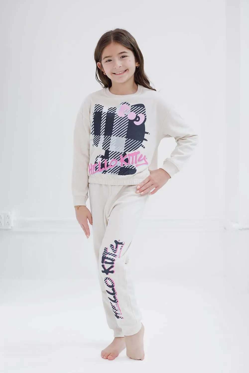 Hello Kitty Girls Fleece Boxy Sweatshirt and Jogger Pants Outfit Set Toddler to Big Kid Sizes (2T - 14-16)