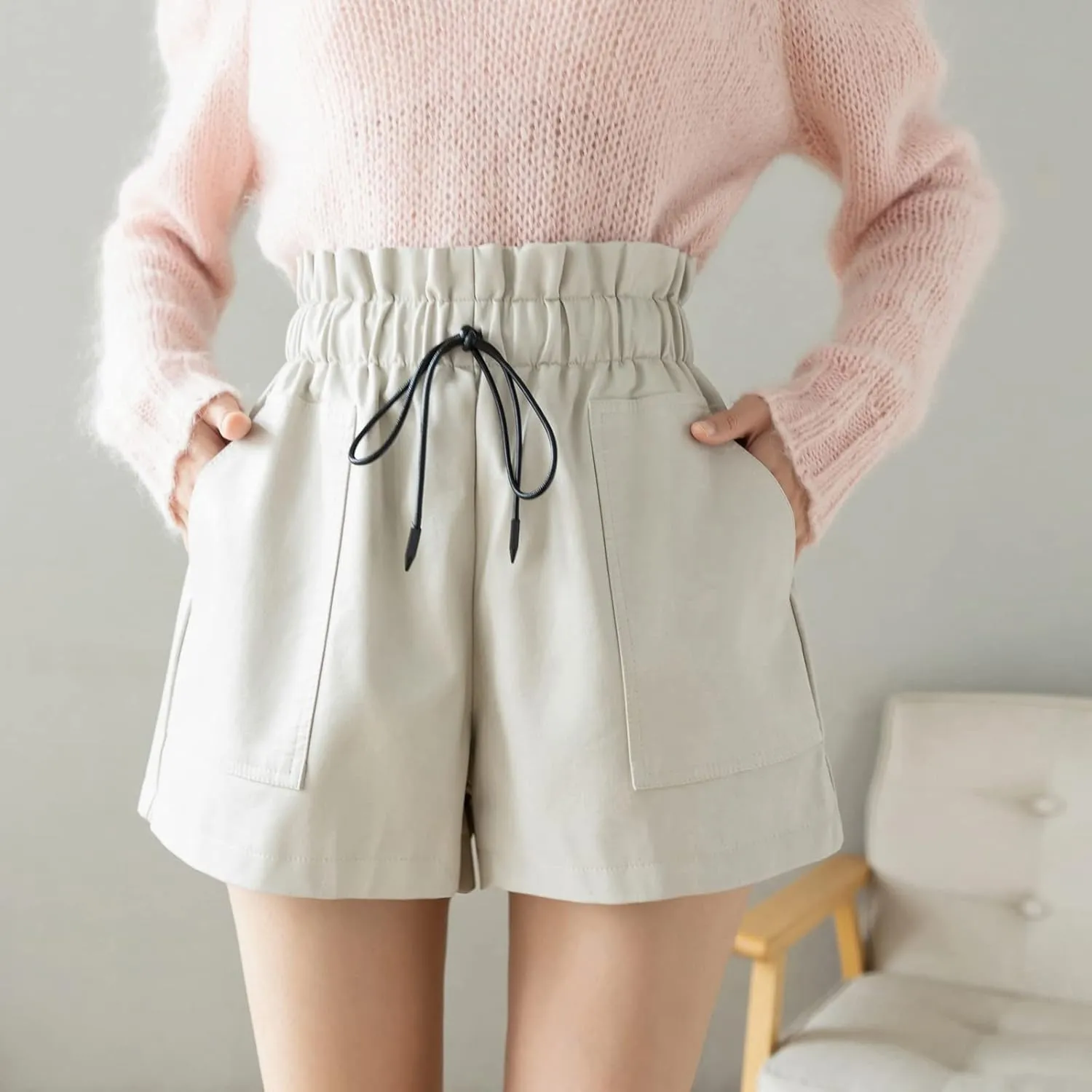 High Waisted Wide Leg Black Faux Leather Shorts for Women