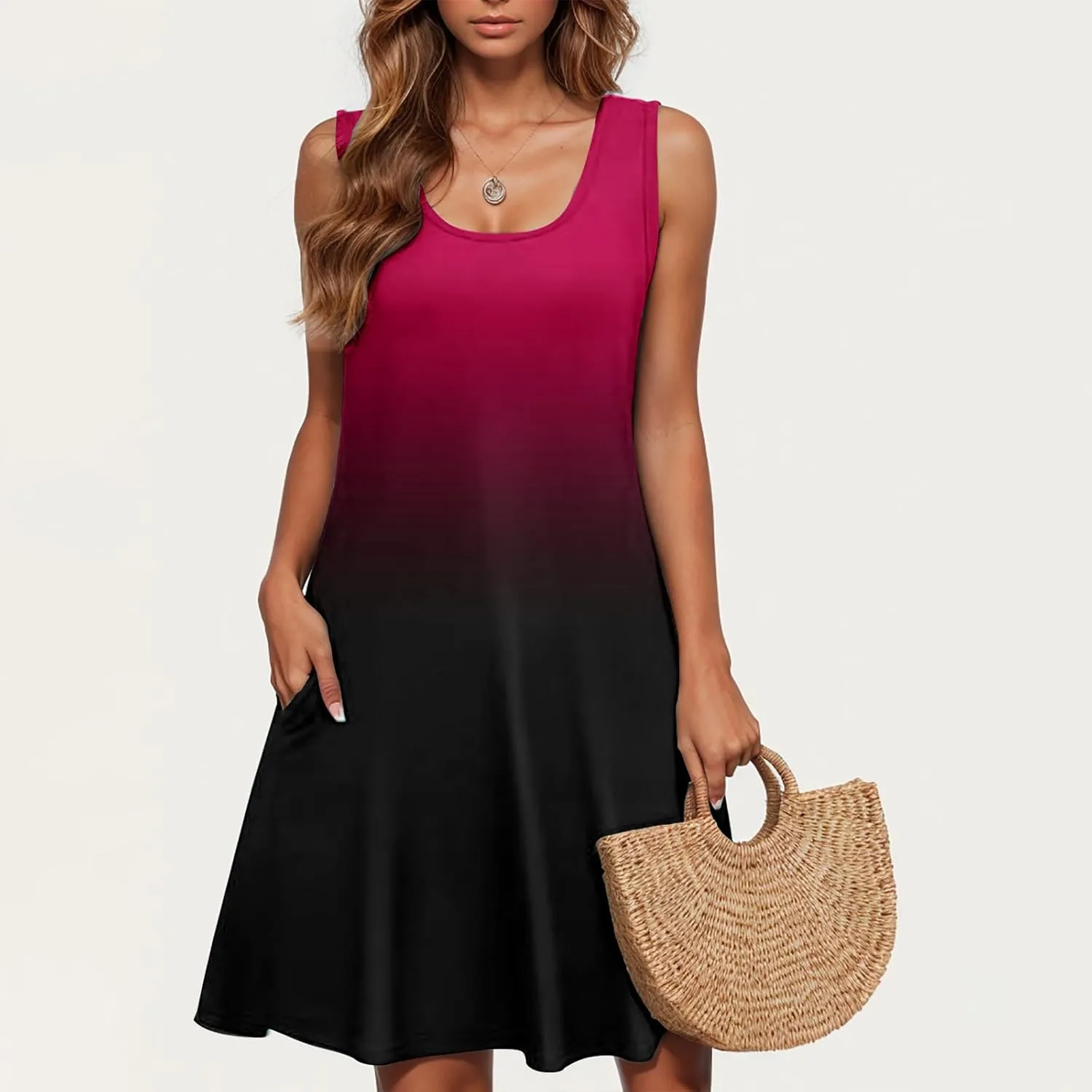 hlysgo Mini Dresses for Women 2025 Summer Casual Coverup Tank Dress Trendy Sleeveless Crew Neck Beach Sundress with Pockets