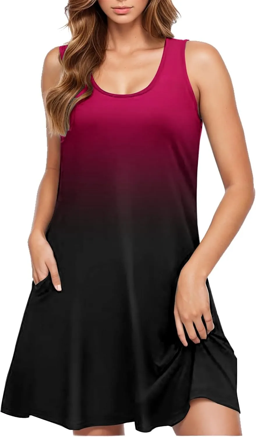 hlysgo Mini Dresses for Women 2025 Summer Casual Coverup Tank Dress Trendy Sleeveless Crew Neck Beach Sundress with Pockets