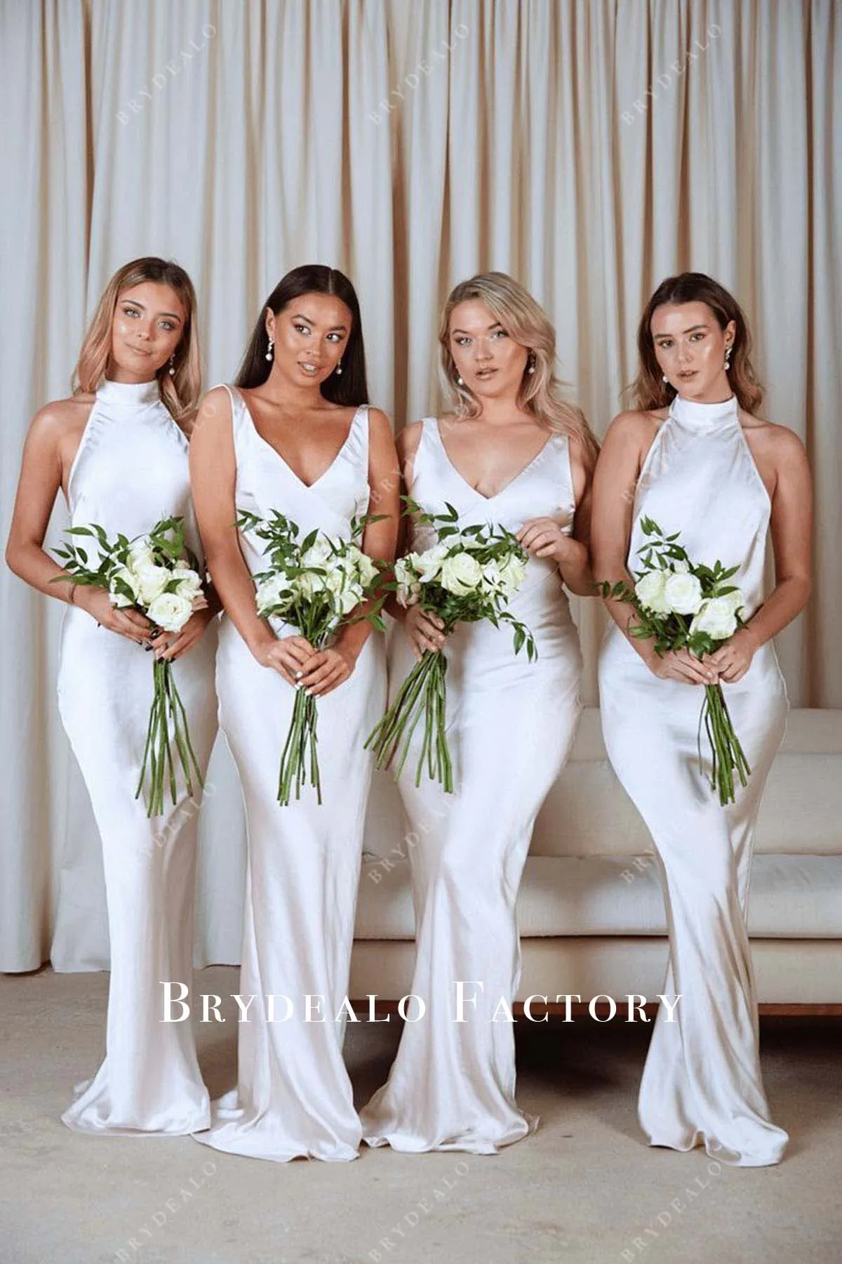 Ivory Satin Fit And Flare Mismatched Bridesmaid Dresses