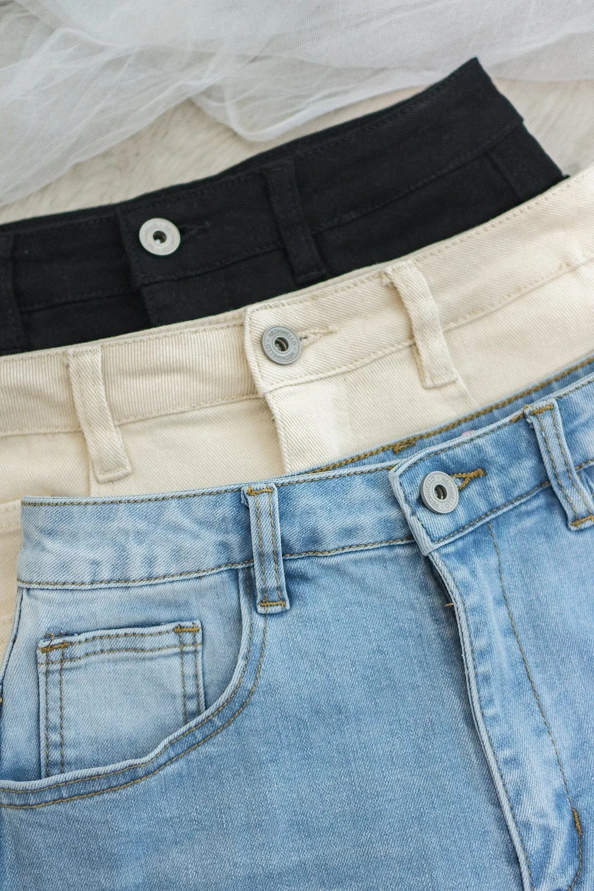KELLY HIGH WAIST DENIM SHORTS IN MID