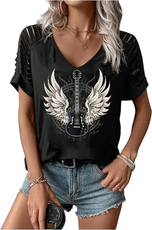 LANMERTREE Cut Out V Neck T Shirts Nashville Outfits for Women Casual Loose Shirt Country Music Graphic Tee Shirts