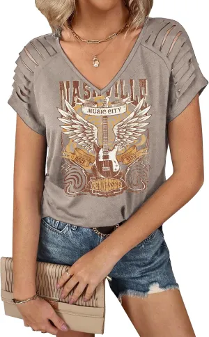 LANMERTREE Cut Out V Neck T Shirts Nashville Outfits for Women Casual Loose Shirt Country Music Graphic Tee Shirts