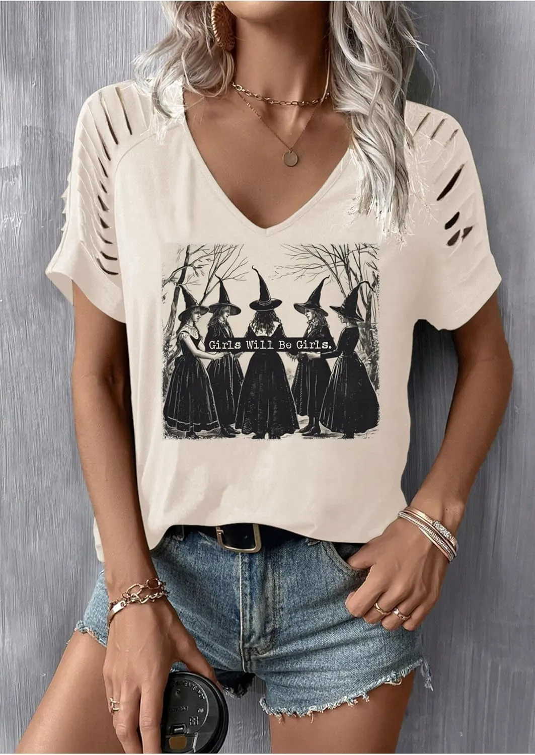 LANMERTREE Cut Out V Neck T Shirts Nashville Outfits for Women Casual Loose Shirt Country Music Graphic Tee Shirts