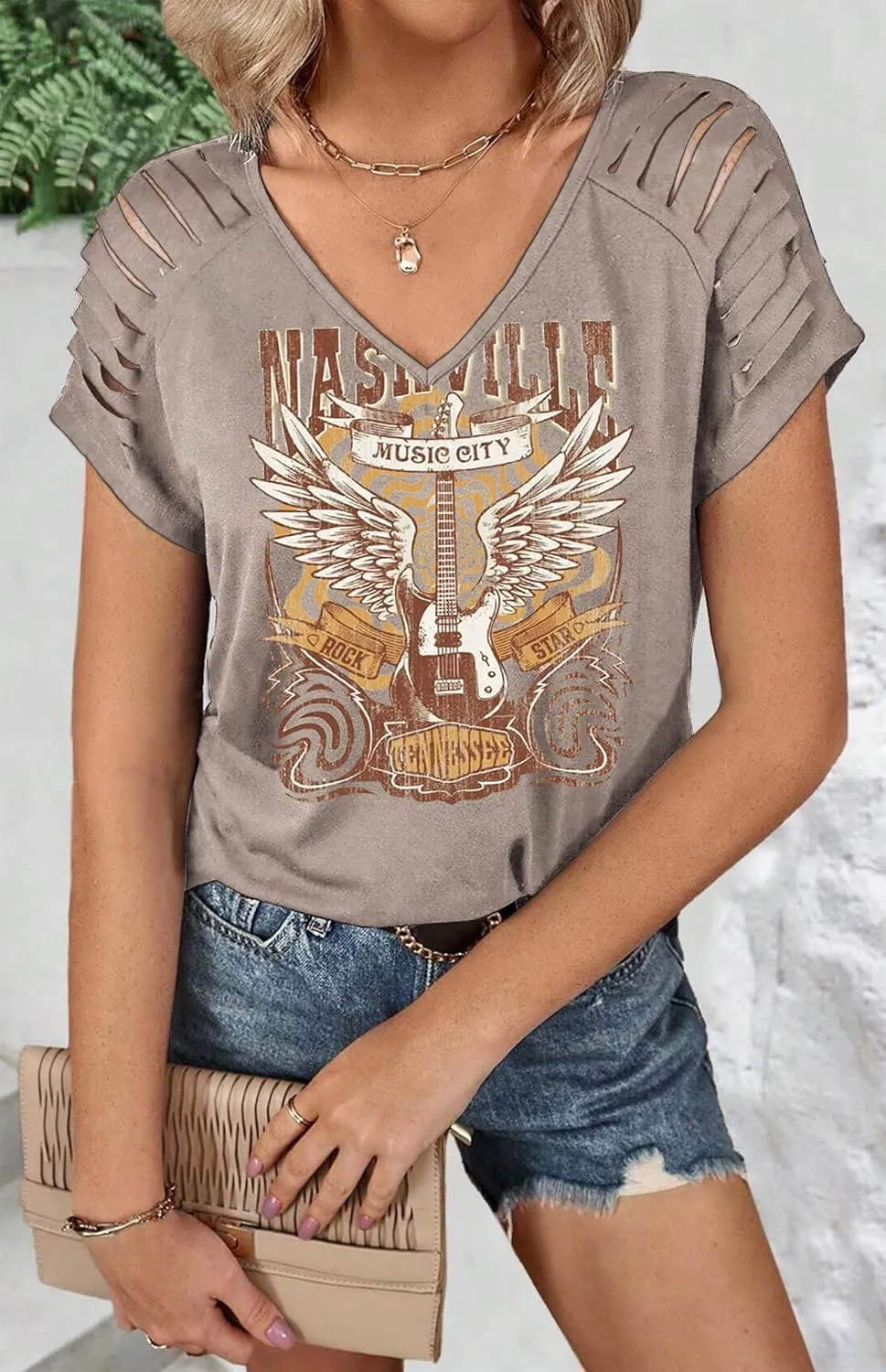 LANMERTREE Cut Out V Neck T Shirts Nashville Outfits for Women Casual Loose Shirt Country Music Graphic Tee Shirts