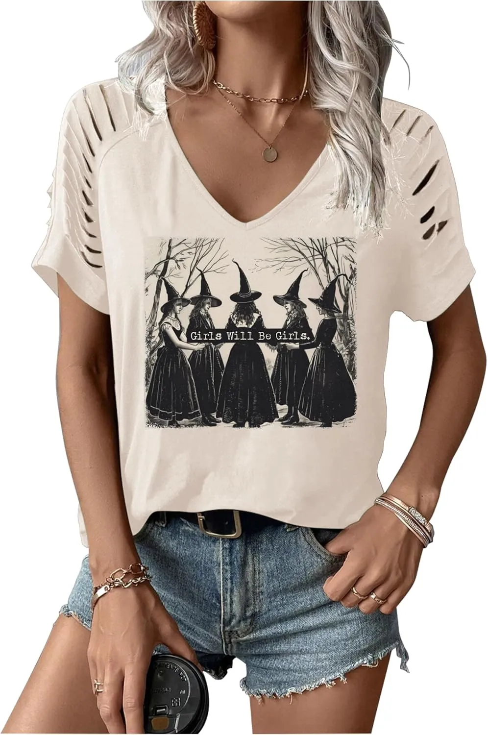 LANMERTREE Cut Out V Neck T Shirts Nashville Outfits for Women Casual Loose Shirt Country Music Graphic Tee Shirts