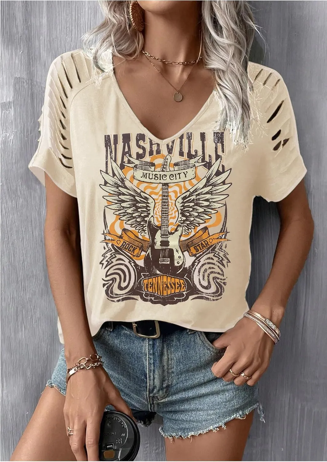 LANMERTREE Cut Out V Neck T Shirts Nashville Outfits for Women Casual Loose Shirt Country Music Graphic Tee Shirts