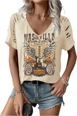 LANMERTREE Cut Out V Neck T Shirts Nashville Outfits for Women Casual Loose Shirt Country Music Graphic Tee Shirts