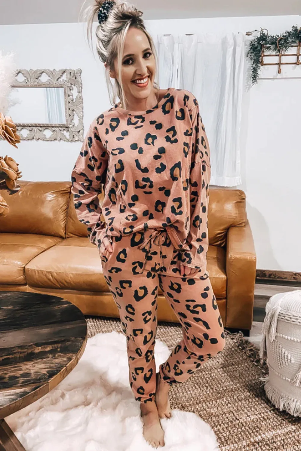 Leopard Long Sleeve  Drawstring Pants Set