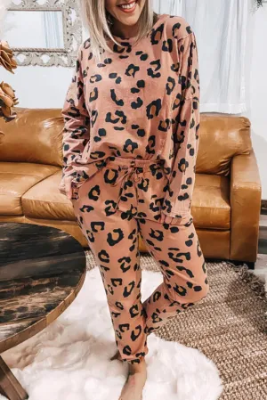 Leopard Long Sleeve  Drawstring Pants Set
