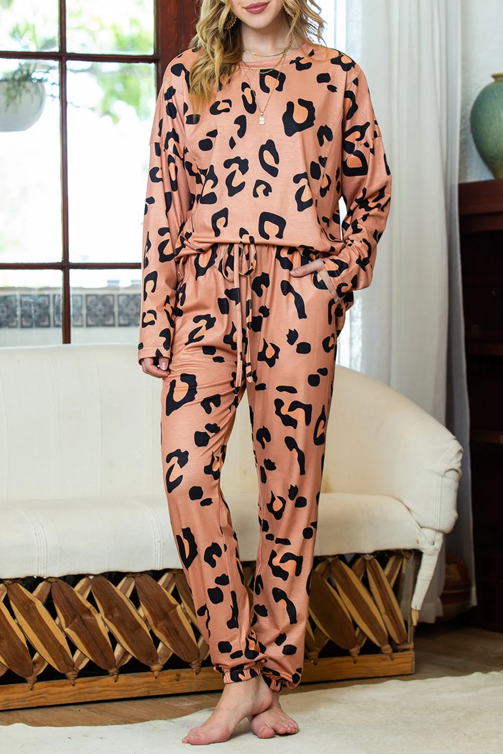 Leopard Long Sleeve  Drawstring Pants Set
