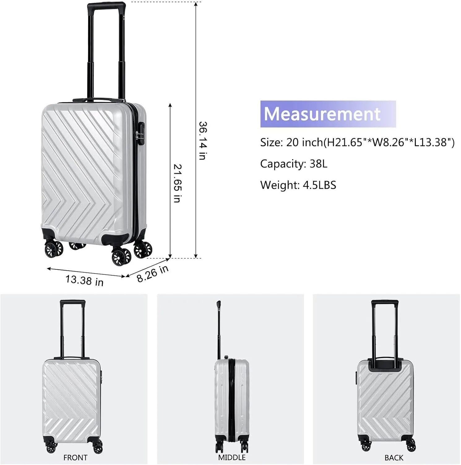 Lightweight 20-Inch Carry-On Luggage - Durable Hardshell Design, 360 Spinner Wheels for Easy Travel