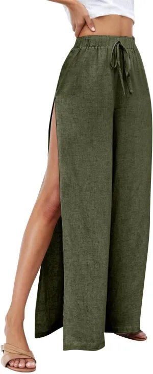 Linen Pants for Women Beach Wide Leg Side Split Ankle Palazzo Pants Drawstring Elastic Waist Summer Flowy Trousers