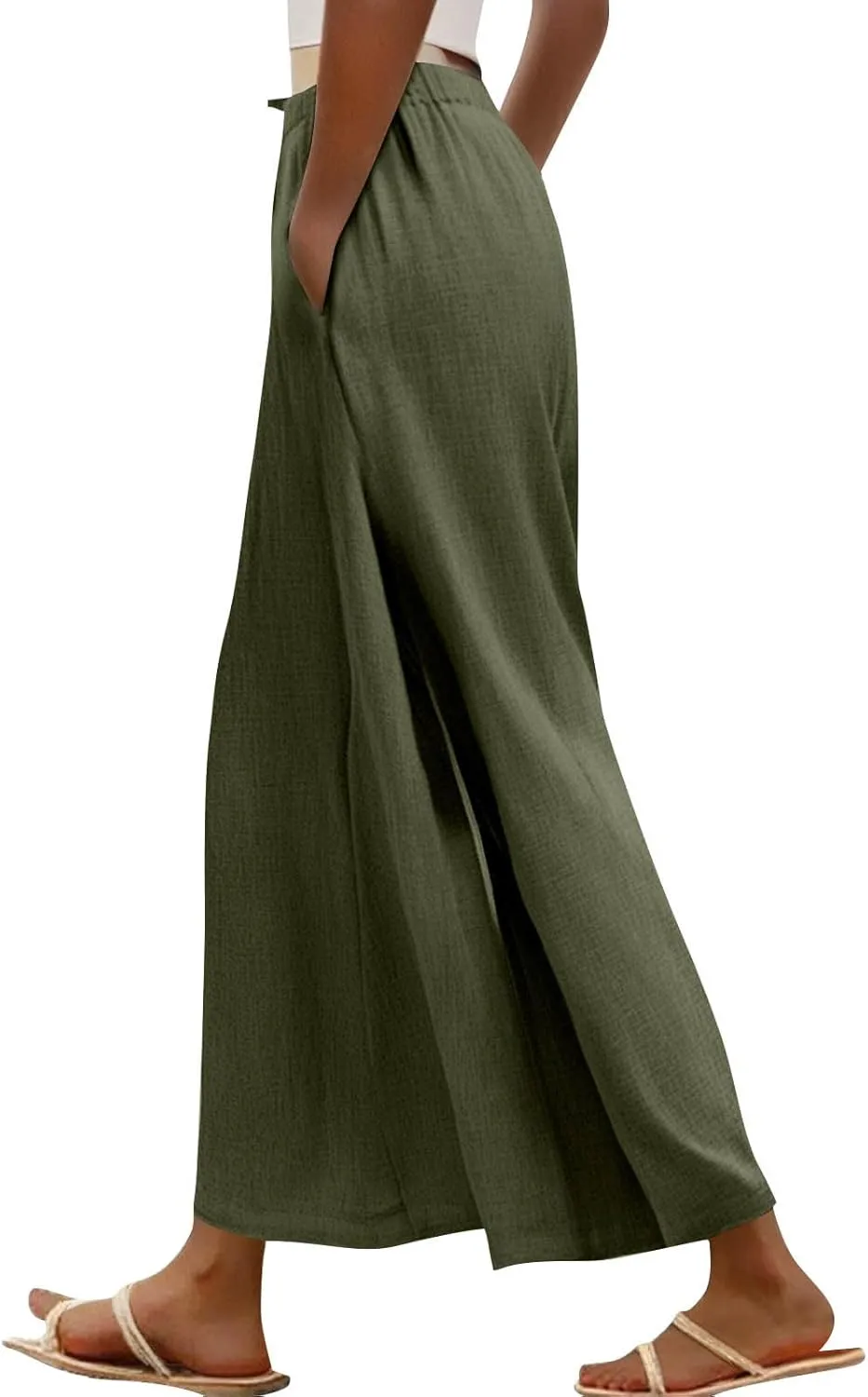 Linen Pants for Women Beach Wide Leg Side Split Ankle Palazzo Pants Drawstring Elastic Waist Summer Flowy Trousers